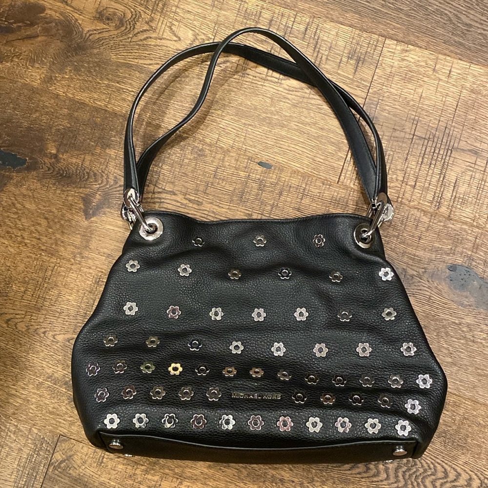 Michael Kors Black Pebble Leather Handbag with Silver Flowers